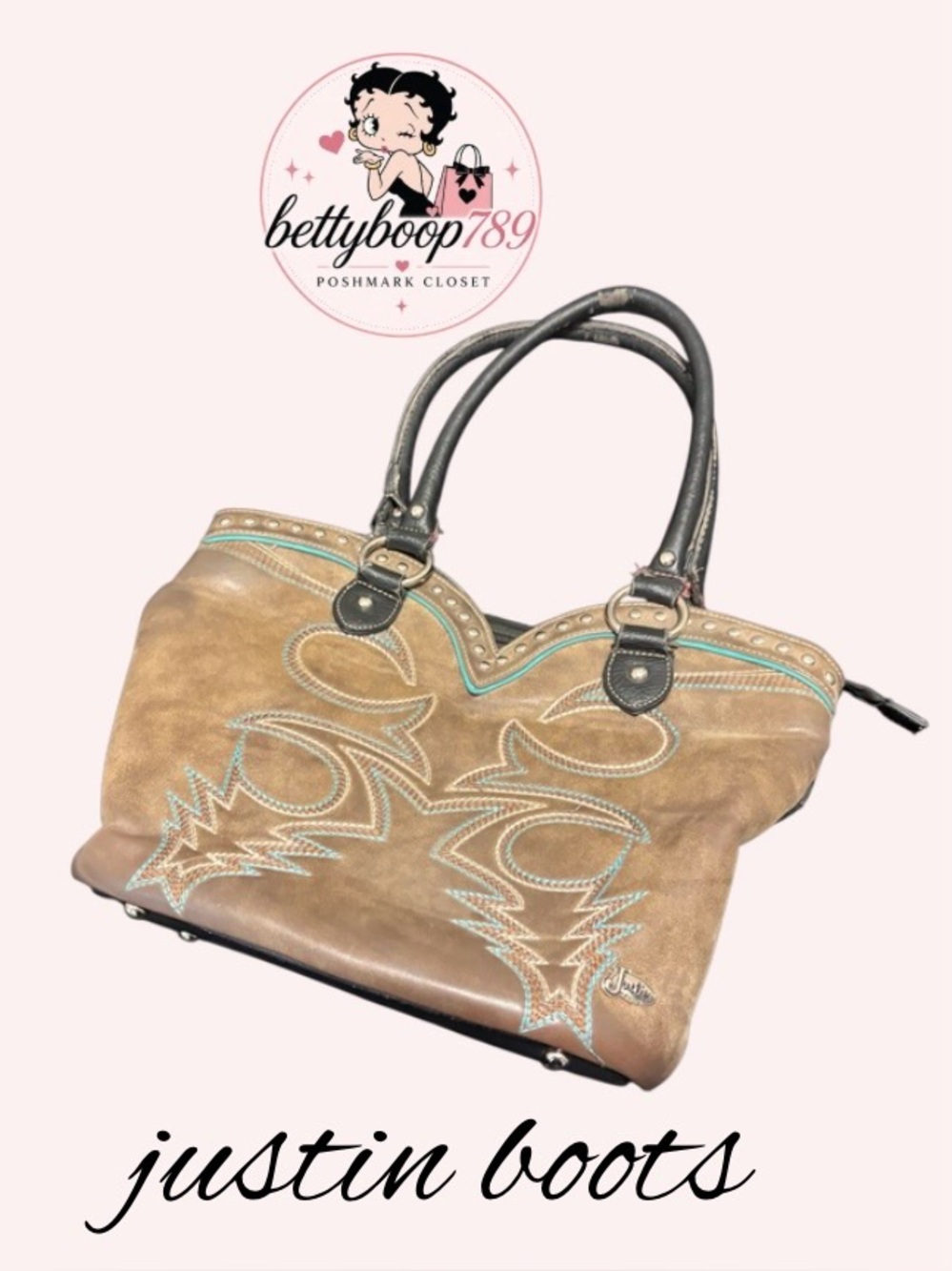 Justin Boots Brown Leather Shoulder Bag with Turquoise Stitching